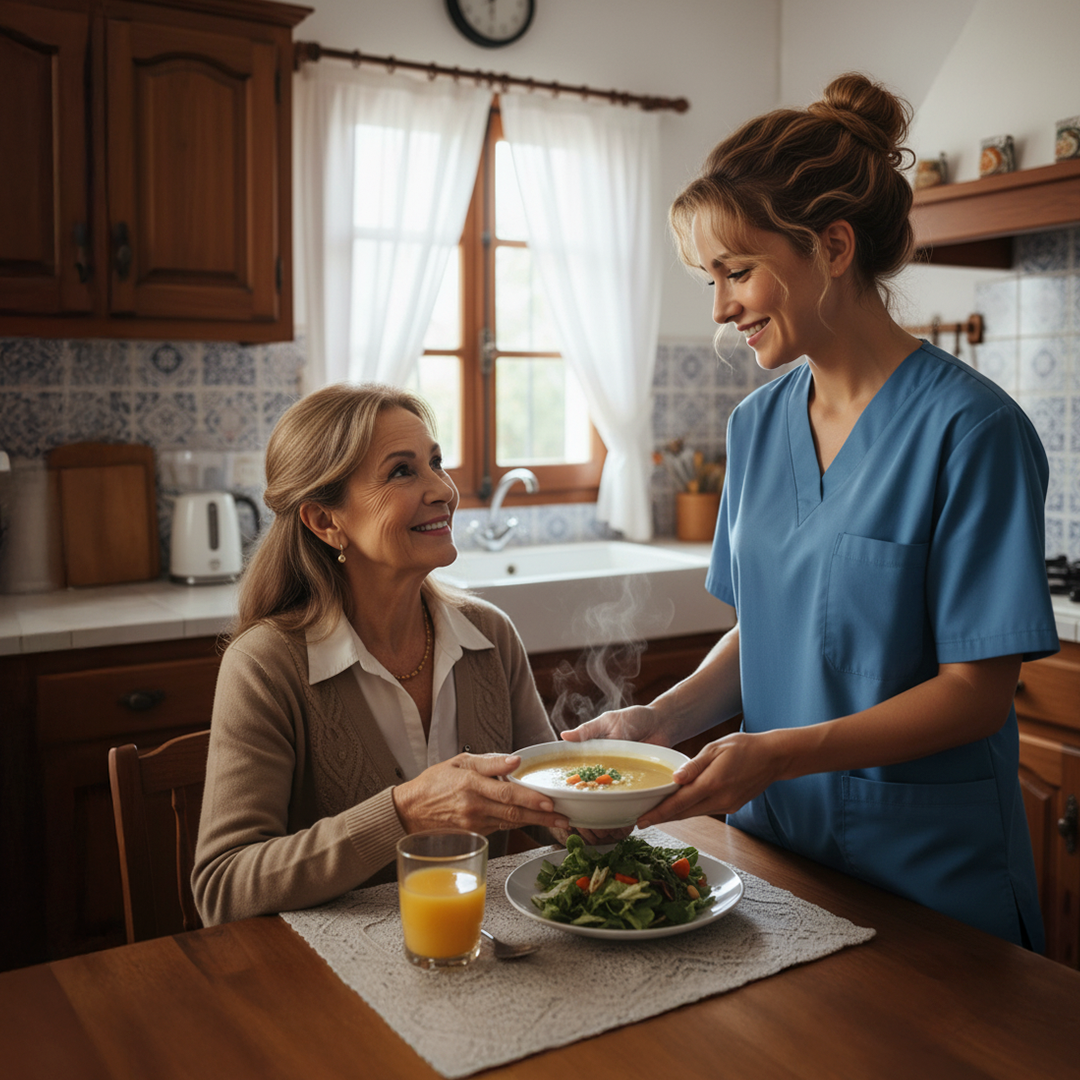 Cuidadora a servir refeição a pessoa idosa